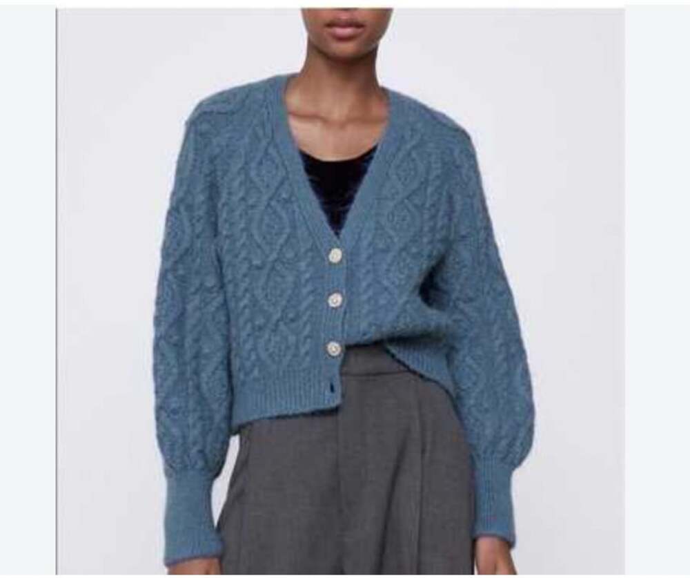 Zara Cardigan Sweater Womens Medium Blue Cable Knit Rhinestone Button Cropped